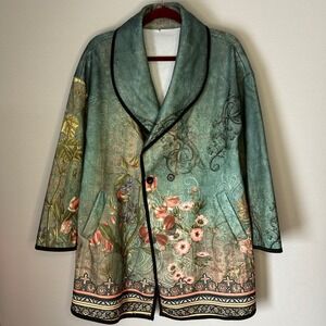 Vintage Style Floral Green Coat Button Front Jacket Outerwear Boho Womens Medium